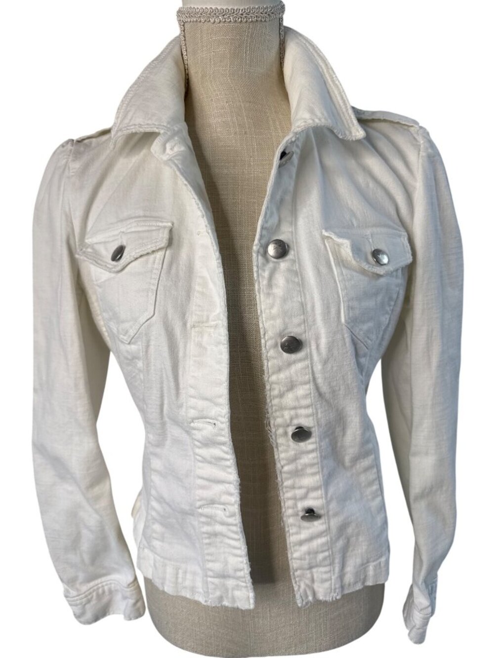 Express White Denim Jacket Womens Size S With Button Front & Chest Pockets